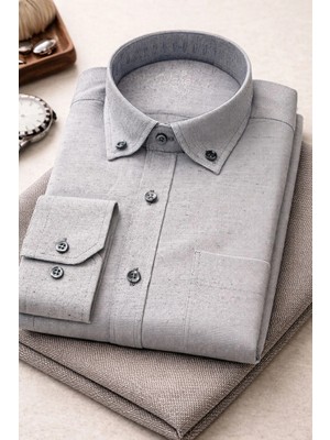 Varetta Erkek Gri Gömlek Keten Efektli Cepli Uzun Kollu Yazlık Pamuklu