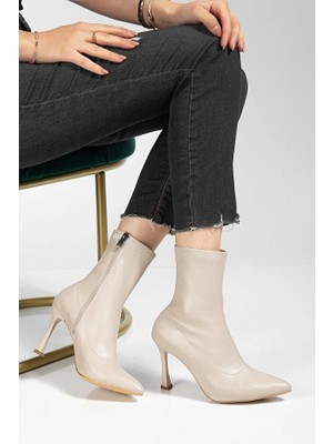 Orjen Bej Cilt Streç Topuklu Bot