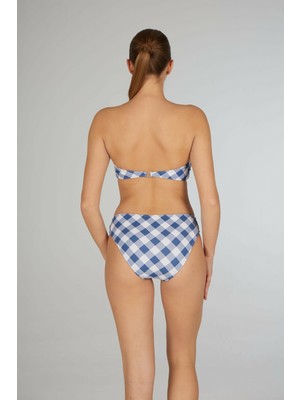 Estiva Kadın Kareli Mavi Tokalı Straplez Bikini Takımı