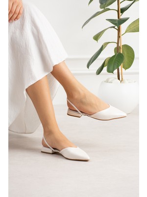 Yula Fashion Shoes Düğün Kına Nişan Günlük Kullanıma Uygun Şık Beyaz Cilt Kadın Lastikli Kısa Topuklu Babet (36-45)