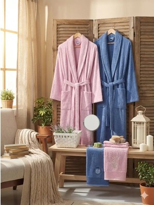 Zena Pudra Koyu Mavi Havlulu Bornoz