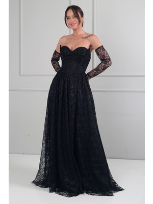 By Saygı Kadın 3 Parçalı Tasarım Abiye Straplez Şerit Boncuklu Dantel Kumaş Astarlı