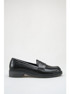 Siyah Kalın Taban 3 cm Topuklu Klasik Loafer Rahat Günlük Şık Kadın Ayakkabı