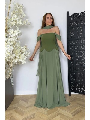 G1746 Tasarım Maksi Şifon Abiye Elbise Haki