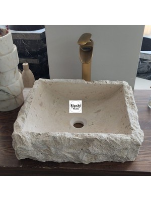 El Yapımı Traverten Lavabo Tezgah Üstü Doğal Taş Rustik Banyo Lavabosu Batarya Çıkışsız