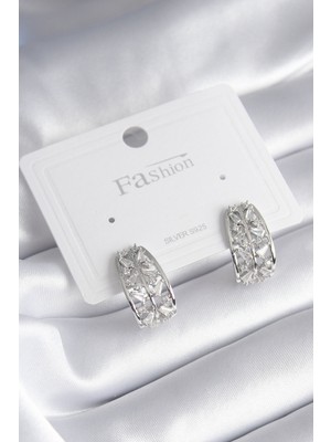 Pirinç Gümüş Renk Zirkon Taşlı Kadın Küpe