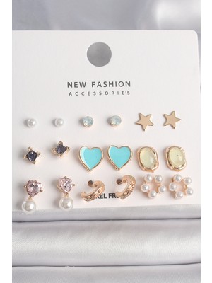 Pirinç Gold Renk Zirkon Taşlı Incili Çiçek Mavi Kalp Figür 9 Çift Kadın Küpe Seti