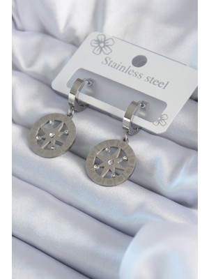 316L Çelik Gümüş Renk Kutup Yıldızı Model Zirkon Taş Işleme Detay Kadın Küpe