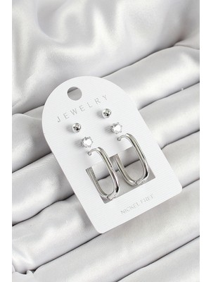 Pirinç Zirkon Taş ve Dikdörtgen Figürlü Gümüş Renk 3'lü Çift Kadın Küpe Set