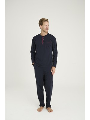 KLY 9111 Erkek Büyük Beden %100 Pamuklu Midi Yaka Uzun Kollu Pijama Takım
