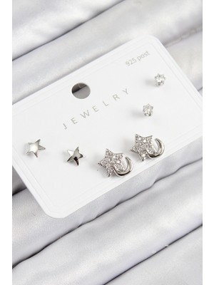 Pirinç Zirkon Taşlı Yıldız Model Gümüş Renk 925 Ayar Gümüş Çivi Kadın Küpe Set
