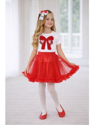 Dıgıl Kids Kız Çocuk Kurdele Desenli T-Shirt Etek Takım