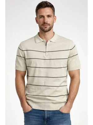 Uslucan Alışveriş Erkek T-Shirt Çizgili Triko Dokuma Kumaş Polo Yaka Yarım Fermuarlı Regular Kalıp Tişört - Bej
