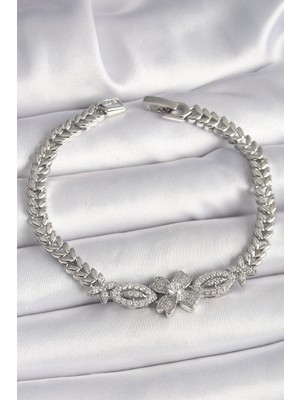 Pirinç Gümüş Renk Zirkon Taşlı Çiçek Figür Arpa Zincir Model Kadın Bileklik