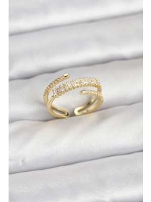 Pirinç Gold Renk Sıralı Baget Zirkon Taşlı Kadın Yüzük