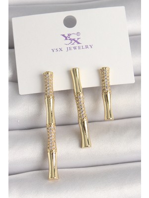 Pirinç Gold Renk Zirkon Taşlı Bambu Model 3'lü Kadın Kombin Küpe