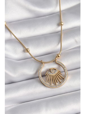 316L Çelik Gold Renk Zirkon Taşlı Göz Model Kadın Kolye