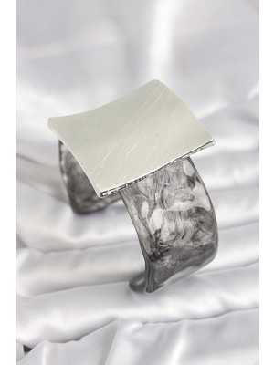 Siyah Mermer Desen Akrilik Plastik Gümüş Kare Plaka Model Vintage Kadın Bilezik