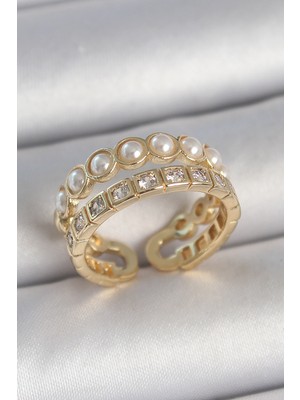 Pirinç Gold Renk 2'li Zirkon Taşlı ve Incili Ayarlanabilir Kadın Yüzük