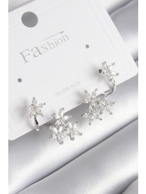 Pirinç Gümüş Renk Zirkon Taşlı Çiçek Tasarım Kadın Küpe