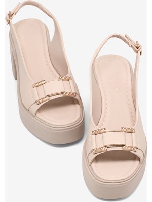 Tonny Black Kadın Bej Yüksek Taban Rahat Tokalı Topuklu Sandalet