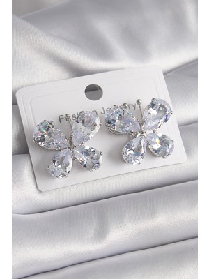 Pirinç Gümüş Renk Zirkon Taşlı Kelebek Model Kadın Küpe