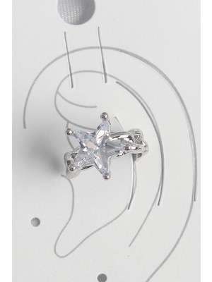 Pirinç Gümüş Renk Zirkon Taşlı Yıldız Model Kadın Kıkırdak Küpe