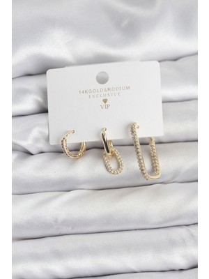 Gold Renk Zirkon Taşlı 3'lü Kadın Küpe Seti