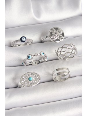 Pirinç Gümüş Renk Nazar Boncuk Zirkon Taş Detaylı Dalga Figür Kadın Yüzük Kombini