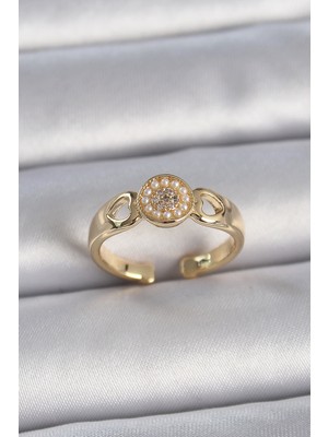 Pirinç Gold Renk Zirkon Taşlı Incili Kalp Işleme Detay Ayarlanabilir Kadın Yüzük