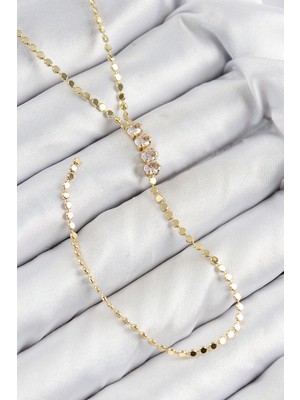 Pirinç Zirkon Taşlı Ezme Zincirli Model Gold Renk Y Kolye