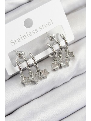 Pirinç Zirkon Taşlı Sallantılı Yıldız Model Gümüş Renk Kadın Küpe