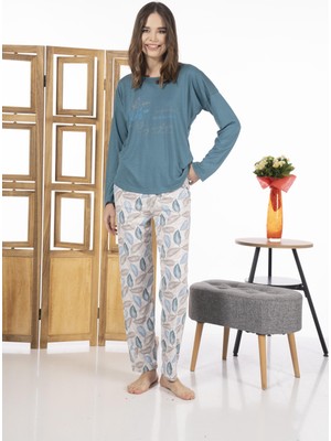 Estiva 24119 Kadın Yaprak Desenli Uzun Kollu Yazlık Viskon Pijama Takımı