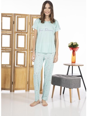 Estiva 24109 Kadın Kalp Desenli Kısa Kollu Yazlık Viskon Pijama Takımı