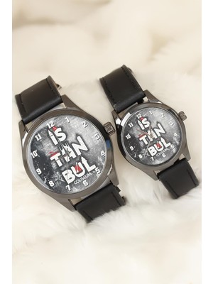 Siyah Renk Deri Kordonlu Istanbul Tasarımlı Sevgili Saatleri