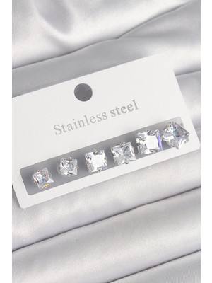 316L Çelik Gümüş Renk Kare Zirkon Taşlı Kadın Küpe Seti