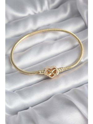 Pirinç Gold Renk Zirkon Taşlı Kalp Sonsuzluk Model Charm Kadın Bileklik