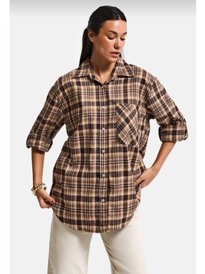 It's Basic Kadın Kahve Ekose S6-10 Oversize Bol Kesim Pamuk Gömlek