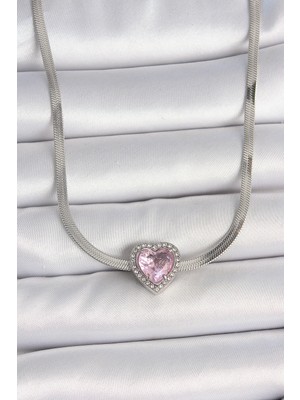 316L Çelik Gümüş Renk Italyan Zincir Pembe Zirkon Taşlı Kalp Model Kadın Kolye