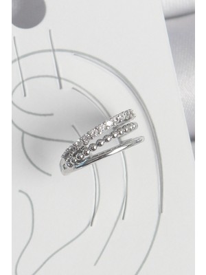 Pirinç Gümüş Renk Zirkon Taşlı 3'lü Sıralı Model Kadın Kıkırdak Küpe