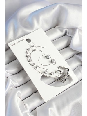 316L Çelik Yıldız Figürlü ve Zirkon Taşlı Gümüş Renk 7'li Çift Kadın Küpe Set