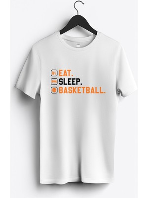 MGAX Eat Sleep Basketball Baskılı Regular Sıfır Yaka %100 Pamuk Unisex Penye T-Shirt