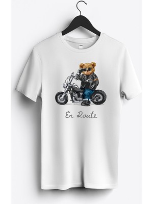 MGAX Motosiklet Sevimli Ayı En Route Baskılı Regular Sıfır Yaka %100 Pamuk Unisex Penye T-Shirt
