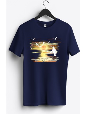 MGAX Balıkçı Gün Batımı Baskılı Regular Sıfır Yaka %100 Pamuk Unisex Penye T-Shirt