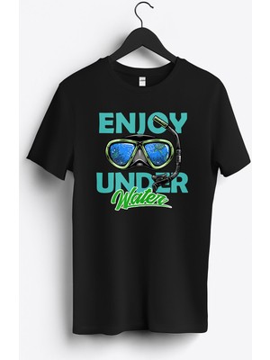 MGAX Dalgıç Enjoy Under Water Baskılı Regular Sıfır Yaka %100 Pamuk Unisex Penye T-Shirt