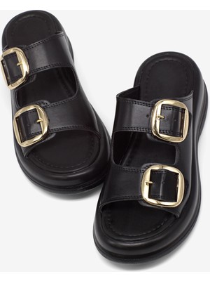 Tonny Black Kadın Siyah Yüksek Tabanlı Rahat Çift Tokalı Terlik