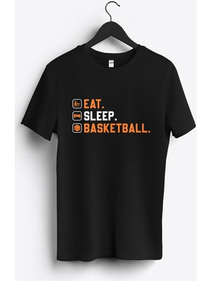 MGAX Eat Sleep Basketball Baskılı Regular Sıfır Yaka %100 Pamuk Unisex Penye T-Shirt