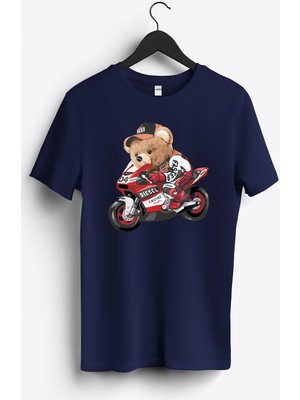 MGAX Motosiklet Sevimli Ayı Motor Canavarı Baskılı Regular Sıfır Yaka %100 Pamuk Unisex Penye T-Shirt