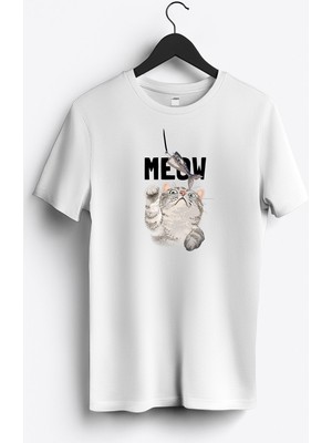 MGAX Balıkçı Kedi Meow Baskılı Regular Sıfır Yaka %100 Pamuk Unisex Penye T-Shirt