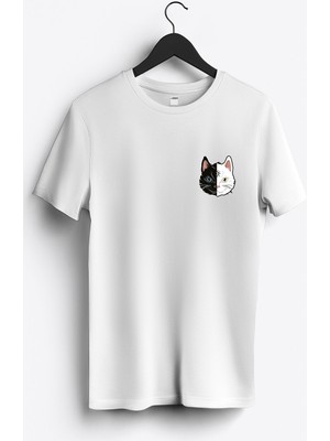 MGAX Kedili Moon Cat Arma Baskılı Regular Sıfır Yaka %100 Pamuk Unisex Penye T-Shirt